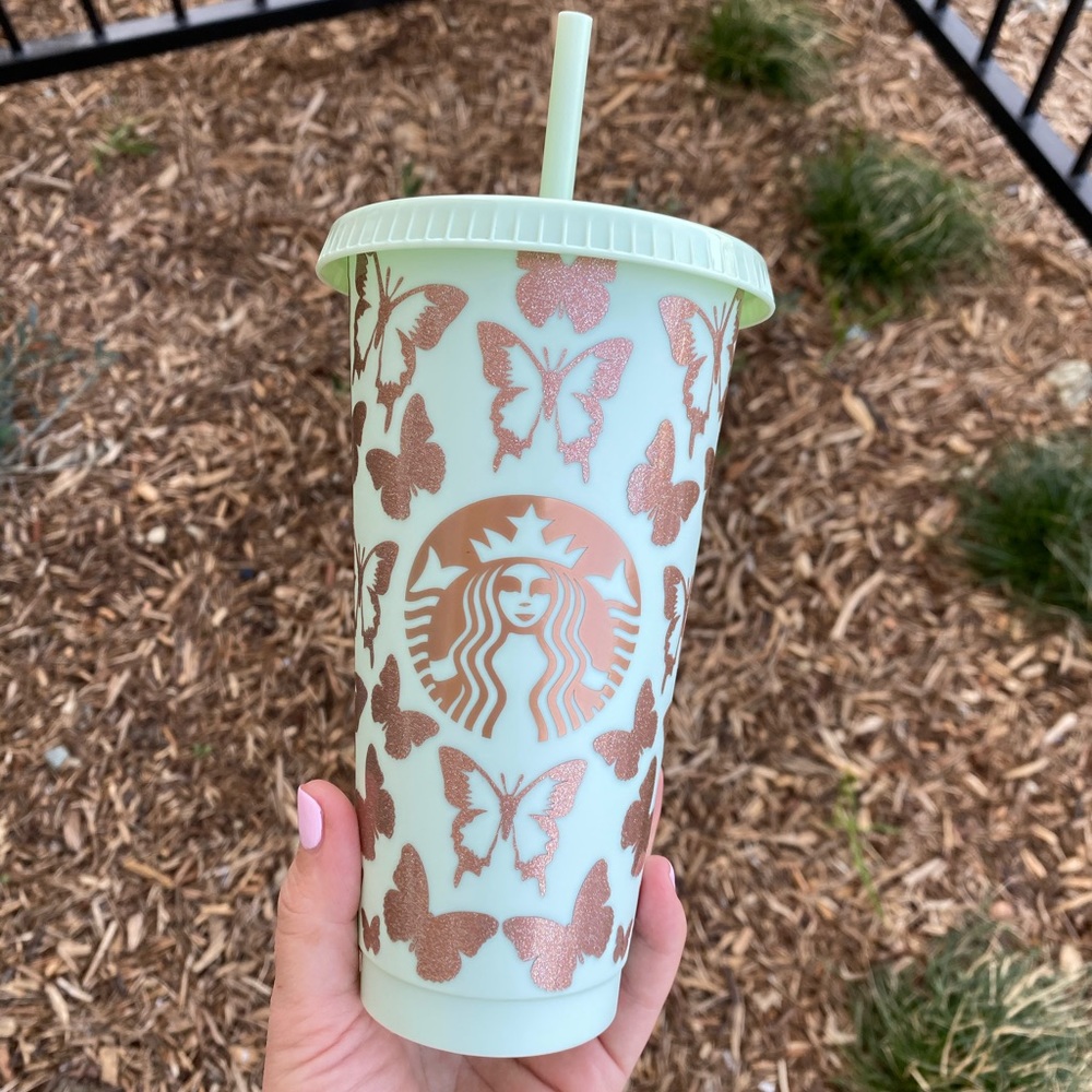Rose gold glitter butterfly Starbucks tumbler